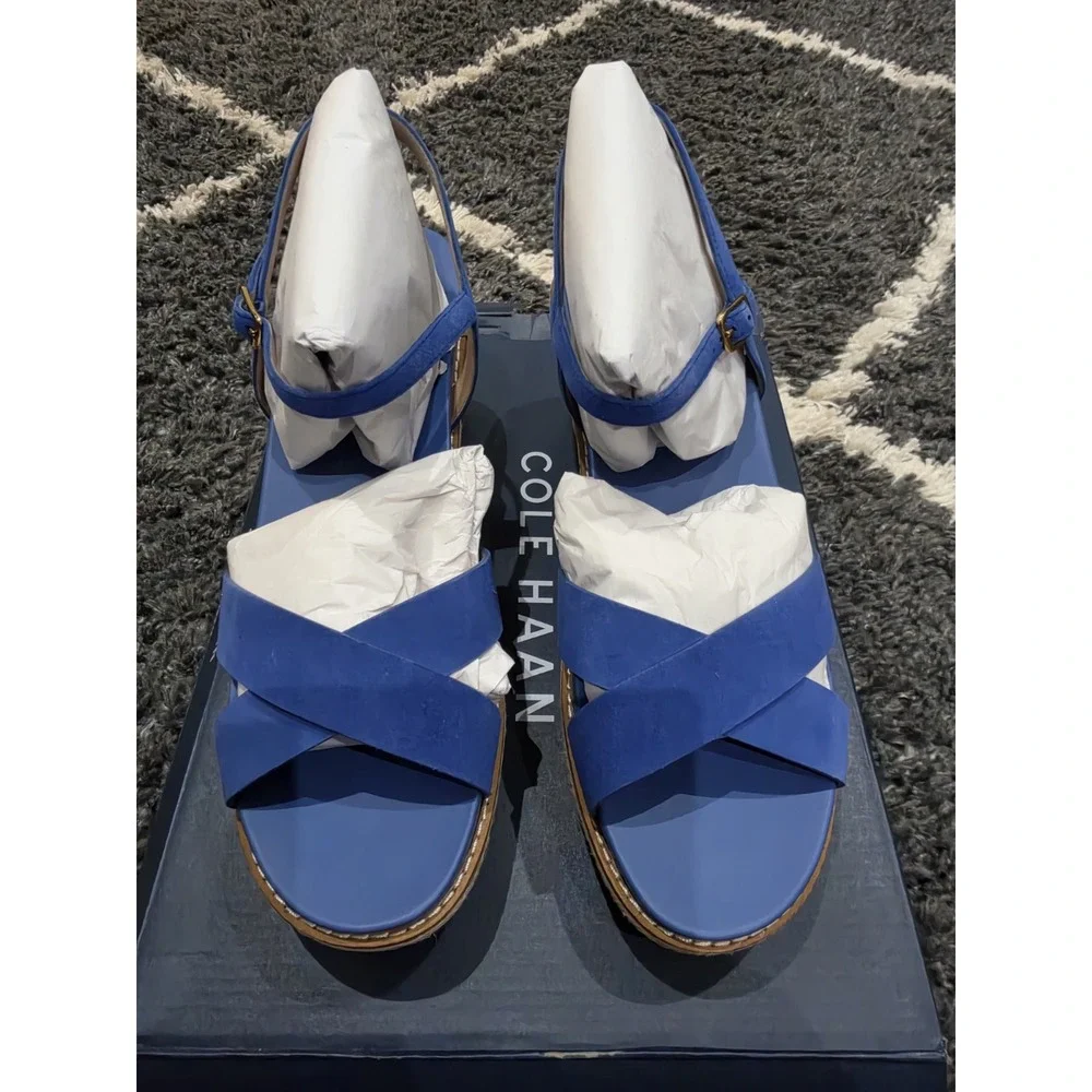Cole Haan Crysta Blue l Leather Wedge Sandals New Size 9.5B
